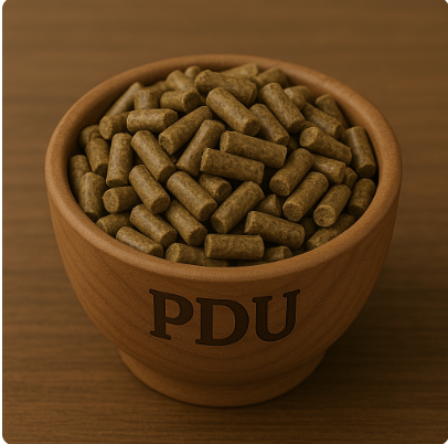 PDU cattle feed pellets in a bowl
